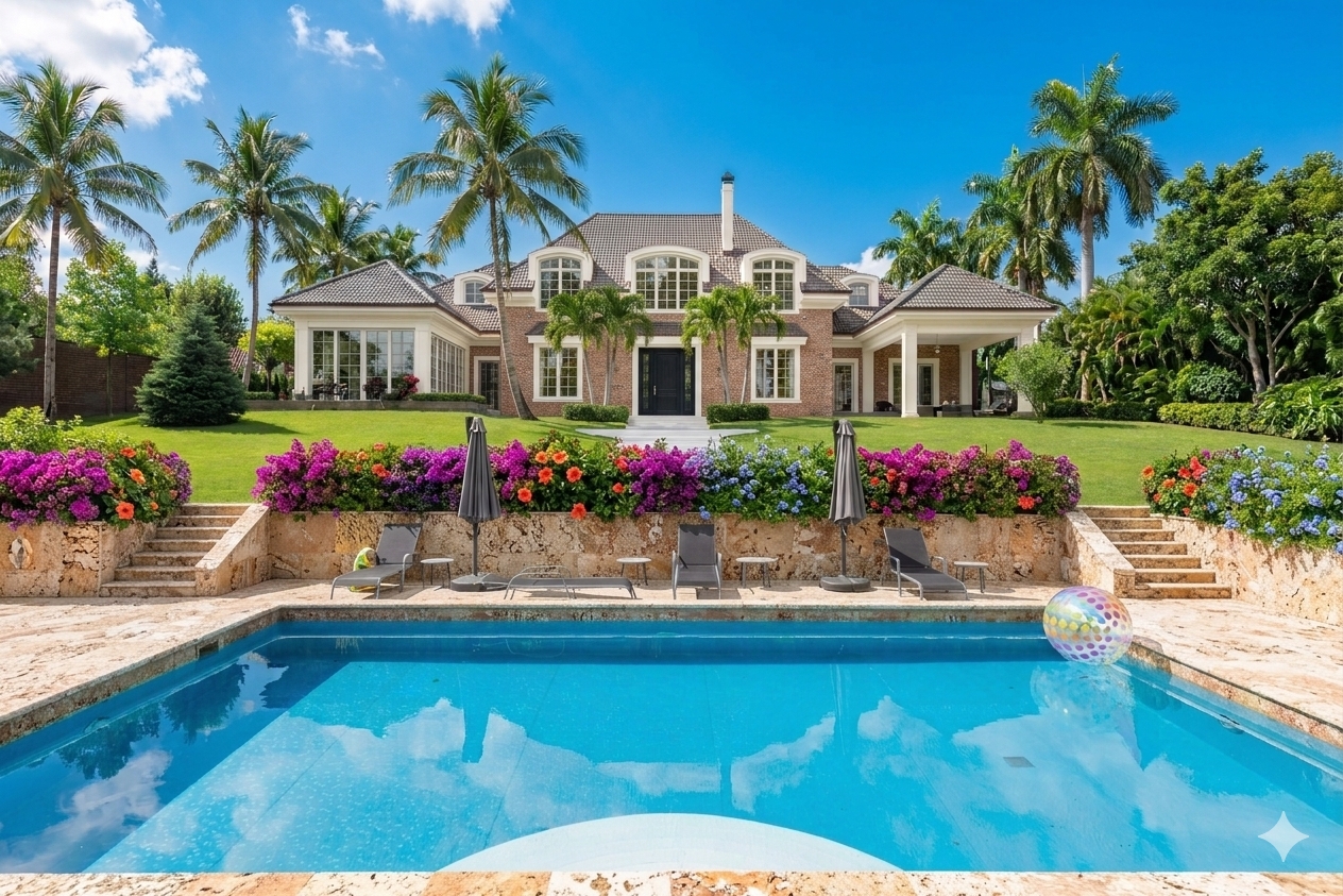 Luxury home with tropical landscaping